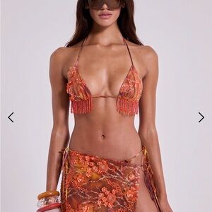 Orange Beaded Bikini and skirt Set